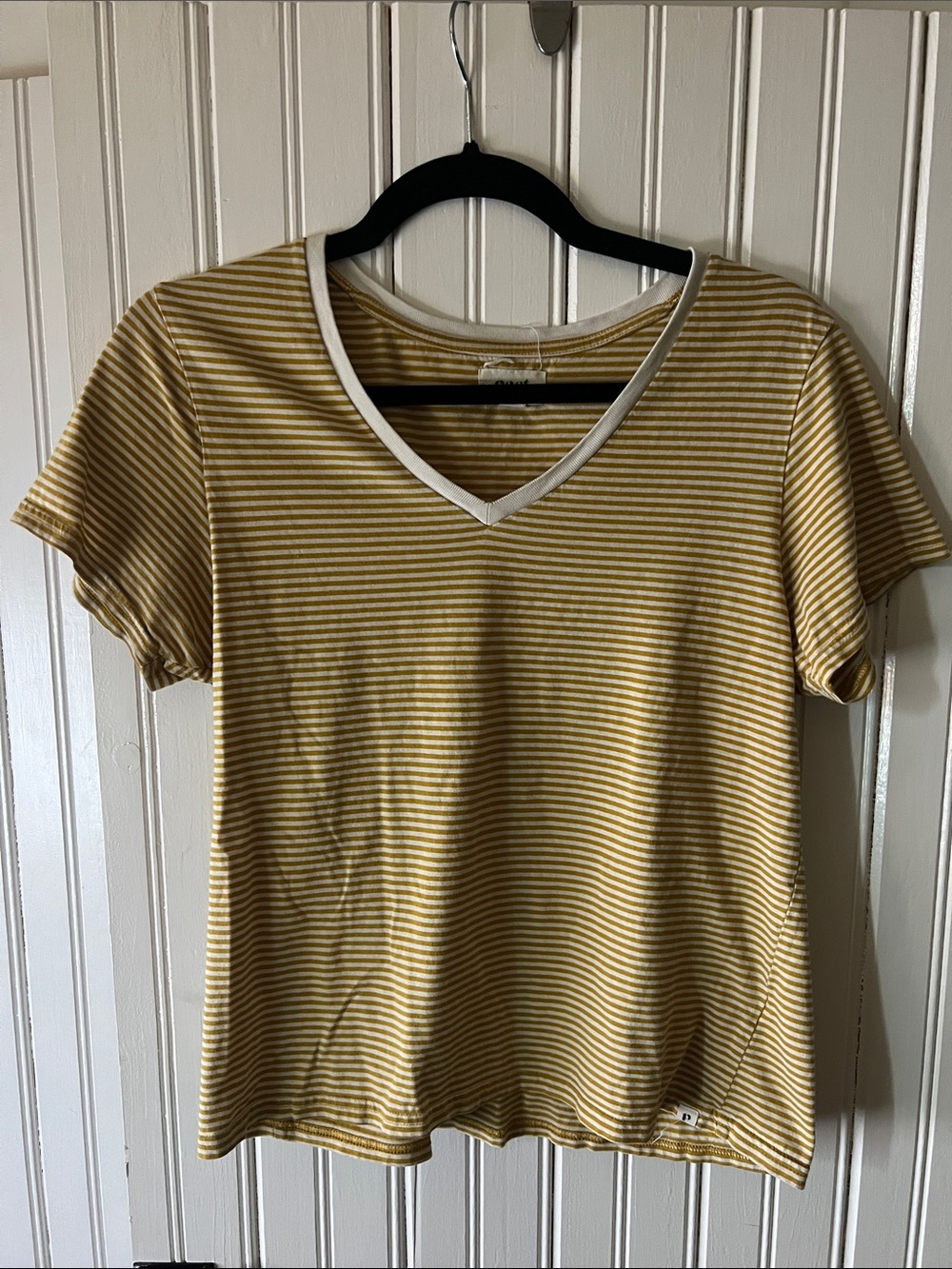 Pact Striped V-Neck Women's Tee in Mustard and White